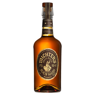 A bottle of Michter’s US*1 Sour Mash Whiskey with a brown label, gold and black accents, and a sealed cork top set against a white background—ideal for those who appreciate caramel and dried fruit notes.
