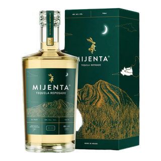 A bottle of Mijenta Tequila Reposado 700ml stands beside its matching green box, both adorned with gold mountains, plants, a crescent moon, and a rabbit—mirroring the toasted oak and vanilla notes of this elegant tequila.