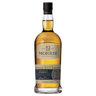 A bottle of Morris Whisky Muscat Barrel Australian Single Malt Whisky, with a gold and navy label, features notes of dried figs and sweet malt. The branding highlights its cork closure and the established date of 1859.