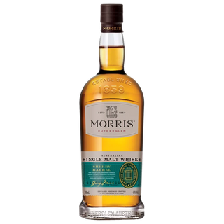 A bottle of Morris Whisky Sherry Barrel Australian Single Malt Whisky, featuring a green and gold label with brown cap; inside is amber whisky with toffee aroma and a smooth candied citrus finish.