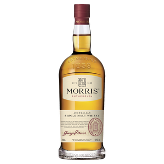 A bottle of Morris Signature Australian Single Malt Whisky with a maroon cap and gold label stands upright on a white background, evoking notes of cherry jam and ripe blackberries.