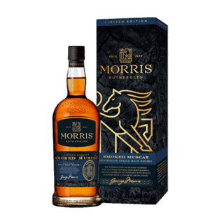 A bottle of Morris Limited Edition Smoked Muscat Australian Single Malt Whisky stands next to its dark blue and gold box adorned with a stylized horse and brand logo, evoking hints of chili chocolate in each sip.
