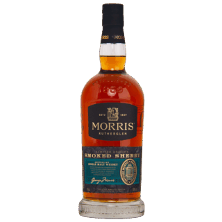 A bottle of Morris Whisky Smoked Sherry Australian Single Malt Whisky, with a dark blue and gold label, set against a plain white background—offering enticing sherry sweetness and spiced oak notes.