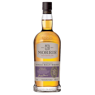 A bottle of Morris Tokay Barrel Australian Single Malt Whisky, in clear glass with a black cap and gold-purple label, offers whisky inside with notes of dried pears and butterscotch.