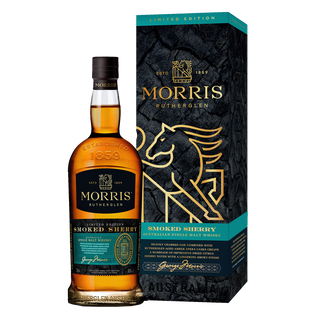 A bottle of Morris Whisky Smoked Sherry Australian Single Malt Whisky stands beside its decorative box with gold and teal accents, branding, and a horse logo—highlighting sherry sweetness and spiced oak notes.