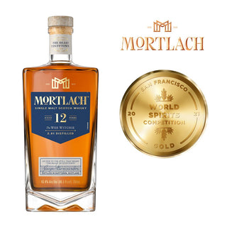 A bottle of Mortlach 12 Year Old Single Malt Scotch Whisky stands next to a San Francisco World Spirits Competition 2021 gold medal, with the Mortlach logo displayed above.