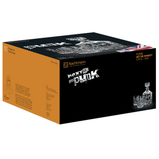 Three-piece Nachtmann Punk Series set including a bold textured crystal decanter with stopper and two cut whisky glasses.