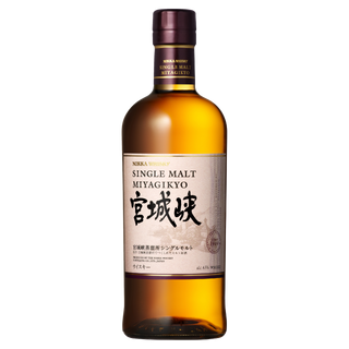 A bottle of Nikka Miyagikyo Japanese Single Malt Whisky with a brown cap and cream label adorned with black Japanese characters and English text, displayed against a white background—celebrated for its malt character and gentle spice.
