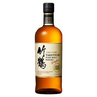 A bottle of Nikka Taketsuru Pure Malt Japanese Whisky with a black cap, amber liquid, and a cream label in Japanese and English on a white background, known for malt sweetness and subtle dried fruit notes.