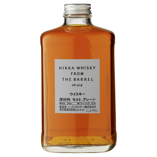 A rectangular glass bottle of Nikka From the Barrel Blended Japanese Whisky features amber liquid, a silver screw cap, and a silver label with English and Japanese text, suggesting notes of cedar and dark chocolate.