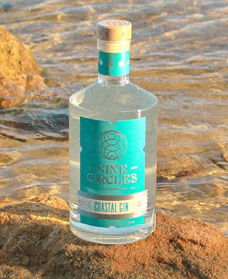 Bottle of Nine Circles Coastal Gin on a beach with water in the background