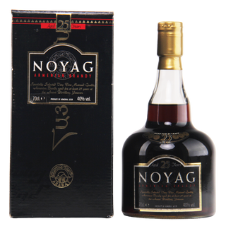 Noyag brandy bottle and packaging on a white background