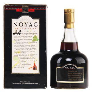 Bottle and packaging of Noyag brandy on a white background