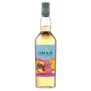 A bottle of Oban 11 Year Old Single Malt Scotch Whisky with a colorful nature-themed label, smooth malt notes, hints of citrus zest, and a blue cap marked Special Release 2023.