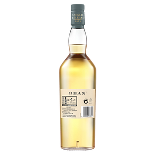 A clear bottle of Oban 11 Year Old Single Malt Scotch Whisky with light gold liquid, viewed from the back, reveals the label and a grey cap—notes of citrus zest and smooth malt stand out.