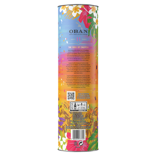 Tall cylindrical tin with a colorful floral design features the Oban 11 Year Old Single Malt Scotch Whisky logo, product info, and The Soul of Calypso text. Citrus zest and oak spice notes echo its character. QR code and recycling symbol near the bottom.