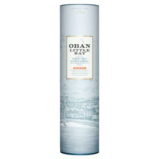 A tall, light blue cylindrical container of Oban Little Bay Single Malt Scotch Whisky features a scenic coastal illustration and white label, suggesting notes of oak spice and citrus zest.
