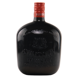 Suntory Whisky bottle with red cap on a white background
