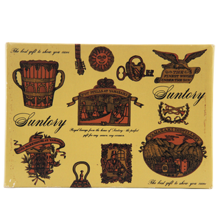 Vintage-style Suntory product packaging with decorative graphics and text.
