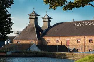 Old Bushmills distillery with two prominent towers against a clear blue sky.