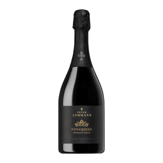 Black bottle of Peter Lehmann sparkling wine on a white background