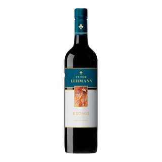 A bottle of Peter Lehmann '8 Songs' Merlot wine, featuring a dark glass bottle with a teal and white label and gold accents, set against a plain white background.
