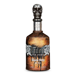 Tequila bottle with skull design on a white background