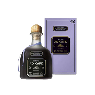 Patron XO Cafe bottle with packaging on a white background