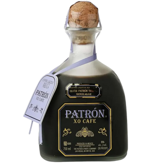 Patron XO Cafe bottle with cork on a white background