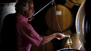 A man in a pink shirt pours wine from a bottle into a glass in a dimly lit wine cellar with wooden barrels in the background.