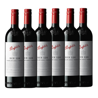 Six bottles of Penfolds Bin 128 wine on a white background