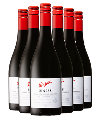 Penfolds Bin 138 wine bottles with red caps on a white background