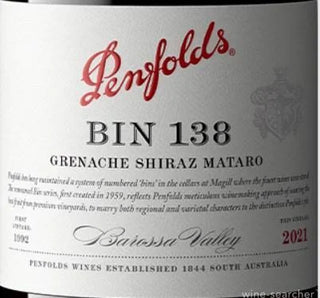 Penfolds Bin 138 wine label with red and black text on a white background