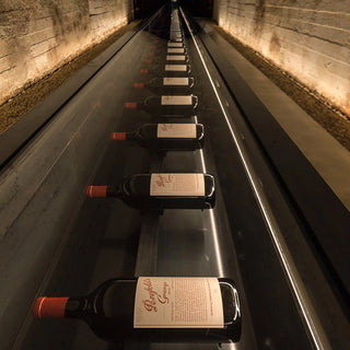 Row of wine bottles on a conveyor belt in a dimly lit tunnel.