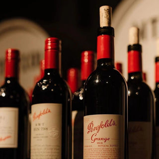 Penfolds wine bottles with a focus on the 'Grange' bottle.