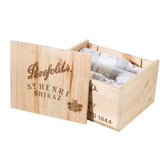 Wooden wine crate with Penfolds branding on a white background