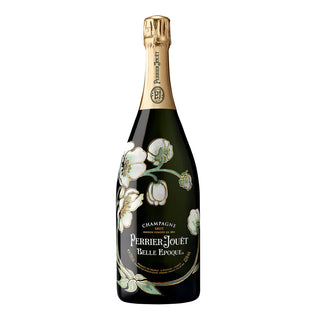 Perrier-Jouét Belle Epoque champagne bottle with floral design on a white background