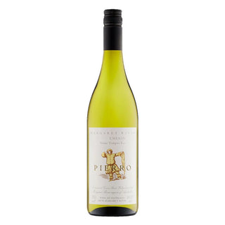 A bottle of Pietro Chenin Blanc de Sec white wine with a pale yellow-green glass body, a cream-colored label featuring a gold illustration, and a black screw cap, set against a plain white background.