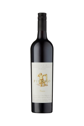 A bottle of Pierno Reserve Merlot red wine by Margaret Rishé, featuring a cream-colored label with gold lettering and illustration, set against a plain white background.