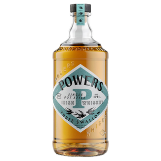 A bottle of Powers Three Swallow Single Pot Still Irish Whiskey, with a blue and silver diamond-shaped label, teal cap, and amber whiskey inside, offering rich barley and herbal notes.