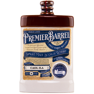 Ceramic bottle of Premier Barrel Caol Ila 8 Years Old Single Malt Scotch Whisky from Islay, with coastal freshness and peat smoke. Features a brown cap, cream body, ornate blue and gold label, 46% ABV.