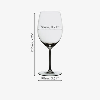 A clear wine glass centered on a light gray background with dimension lines and text showing height as 235mm (9.25") and width as 90mm (3.