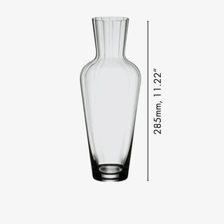 Clear glass vase with a narrow neck and flared base, shown on a light gray background with a vertical height measurement label reading 285mm, 11.22".