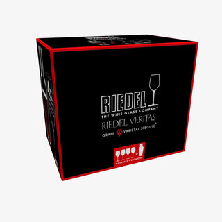 A black Riedel Veritas wine glass box with red borders and white branding text, shown on a light gray background.