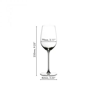 A clear wine glass centered on a white background with measurement lines and text indicating height of 235mm (9.25") and width of 79mm (3.