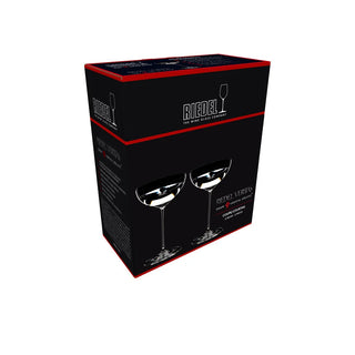 A black and red Riedel wine glass set packaging box, featuring illustrations of two coupe-shaped glasses, shown on a plain white background.