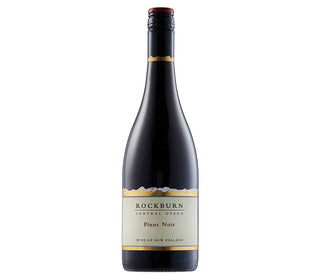 A bottle of Rockburn Central Otago Pinot Noir wine, featuring a dark glass bottle with a cream-colored label and gold accents, set against a plain white background.