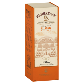 An orange and cream box of Redbreast Lustau Edition Single Pot Still Irish Whiskey, decorated with cellar barrel illustrations and detailed text describing its sherry finish with notes of dark fruits and spiced sweetness.