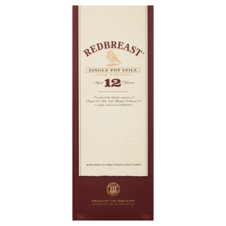 A box of Redbreast 12 Year Old Single Pot Still Irish Whiskey, with cream and maroon packaging, gold text, and a bird logo. The Irish whiskey is aged 12 years and features notes of dried fruits and sherry sweetness.