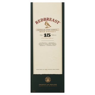Front view of a Redbreast 15 Year Old Single Pot Still Irish Whiskey box, cream-colored with gold, red, and black text, bird logo, and details including berry fruit notes, aromatic oils, age statement, origin, and maturation.